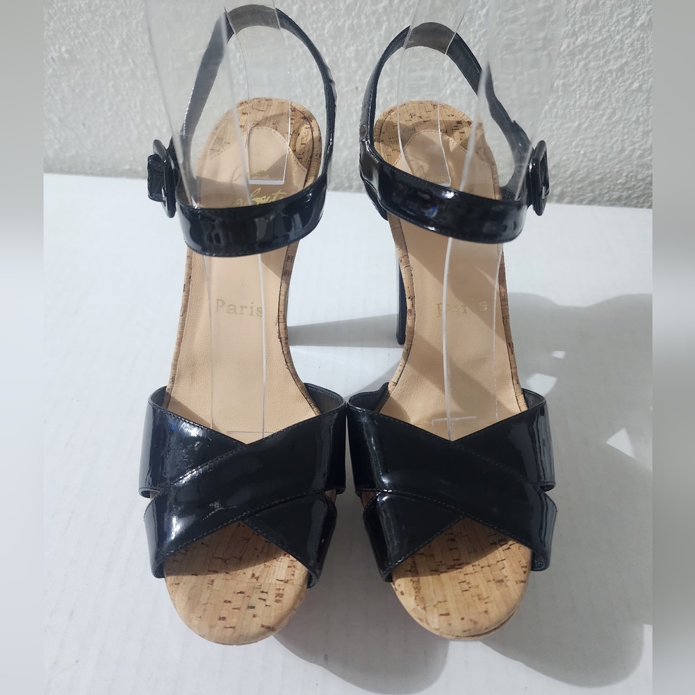 Christian Louboutin Black Patent Leather and Cork Platform Heels Size 38.5 - Picture 3 of 9